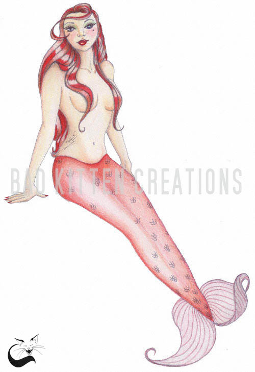 Red fantasy mermaid pinup art